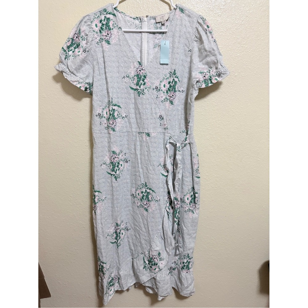 LOFT White Floral Wrap-Style Midi Dress with Green Accents